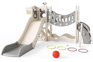 LISCHWERT 8 in1 Upgraded Toddler Slide Set, Kids Baby Slide with climbing bridge, golf set, Basketball Hoop ECT, Easy assembly, Infant and Toddler Garden Slide, indoor/outdoor (8-in-1-elk-beige)