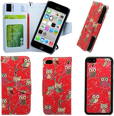 NWNK13® iPhone 5C Book Wallet Premium Leather Flip Case Cover Plus Mini Stylus Pen, Screen Protector &amp; Polishing Cloth (Red Owl)