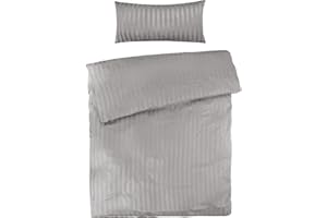 ‎PURE LABEL Pure Label Mako Satin Damast Streifen Bettwäsche hellgrau 155x220 cm mit Kissenbezug 40x80 cm aus 100% Baumwolle | Traumhaft weiches Mako Satin Bettwäsche Set in Uni