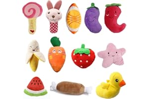 TVMALL Pack de 12 Jouets en peluche pour Chien Jouets à couinement pour Chiens Collations fruits et légumes Jouets à mâcher pour chiens Nettoyage molaire Jouet pour chiot Convient aux petits et moyens chiens
