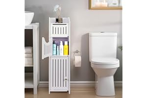 powerking Supporto per carta igienica, Sopra l'armadio di stoccaggio WC per bagno, Mensola angolare sottile per piccolo spazio di stoccaggio, Armadio di stoccaggio bagno piccolo con porte, Bianco