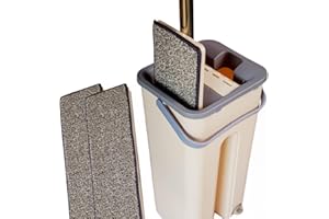 NEWTY Mopa Cubo Escurridor Fregona Plana Drenaje Doble Compartimento Escurre Fácil 2 Almohadillas para Limpieza Suelos Azulejos Tarima Madera Mango Ergonómico Atrapa Polvo Ventanas Mop Bucket Trapeador Set