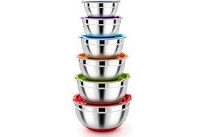 Homikit Rührschüssel Set, Edelstahl Schüssel Salatschüssel 6er Set mit Luftdichtem Deckel & Silikonboden, Stapelbar, Spülmaschinenfest, 4.6 L / 2.8 L / 2.5 L / 1.6 L / 1.2 L / 0.7 L
