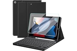 Nanhent Clavier Coque + Verre Trempé pour iPad 9/8/7ème Génération 10.2 inch 2021/2020/2019, AZERTY Français Amovible Bluetooth sans Fil Clavier Étui Housse avec Pen Holder et Protection écran (Noir)