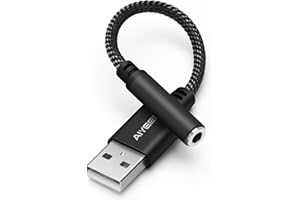 AIYEEN Kabel adaptera audio USB na żeński 3,5 mm pleciony nylonowy kabel audio 15 cm USB męski na AUX konwerter stereo z chipem o wysokiej rozdzielczości do słuchawek, AUX do samochodów (czarny)