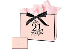 BLICEON 21st Birthday Gift Bag with Tissue Paper and Card, 21st Birthday Party Gifts Bag for Women and Men, Medium Gift Bags for Birthdays Party, Anniversary, 21th Presents (Pink)