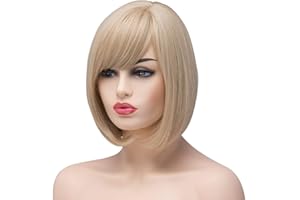 BESTUNG Peluca corta para mujer, pelo sintético, pelo completo, color rubio natural, fresa de miel,