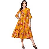 KZULLY | Dress for Women | Midi Length | Fit & Flare with Floral Print | Bell Sleeves | Elegant Casual Dress