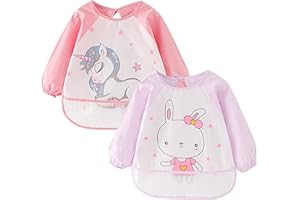 Lvjkes Baberos Bebe Impermeables, babero con mangas, Pack de 2 baberos de manga larga con bolsillo recoge comida, delantal para niños de 2 a 4 años, resistente a manchas y olores, azul y verde