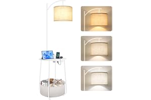 OUTON Lampada da Terra con Tavolo Rotondo, Tavolini Laterali con Stazione di Ricarica (USB e Type-C), 3 Temperature di Colore, 12W LED Lampadina, Comodino con Cestino in Tessuto per Camera, Soggiorno