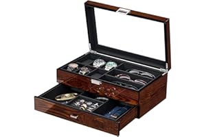 BEWISHOME Uhrenbox Herren mit 6 Fächern 3 Slots Sonnenbrillen, Uhrenkasten Herren Holz mit Schublade, Uhrenkoffer für Männer und Frauen,Innenseite aus Glattem Kunstleder, Braun ESSH32Y