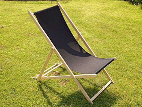 Holz Liegestuhl – schwarz – stabile Strandliege 3-fach höhenverstellbar mit Sicherheitsbügel (Schwarz) - 2