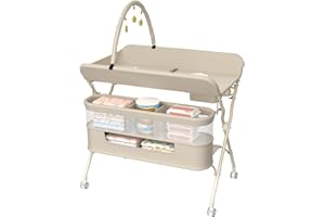 HUOLE 3 in 1 Wickeltisch klappbar, mobile Wickelkommode mit Rollen, Wickelstation höhenverstellbar, tragbare Wickelauflage bis 25 kg Belastbar,75 x 68 x 83–91 cm (B) Cremeweiß