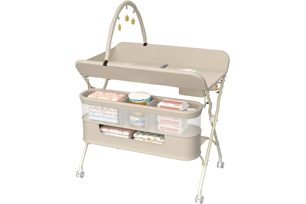 Table à Langer, Pliable, Réglable en Hauteur, Jusqu'à 15 kg, 0-36 Mois, Organiseur de Couches, 5 niveaux réglables, panier de rangement à suspendre pour nouveau-né, 75*68*83-91cm (B) Blanc crème