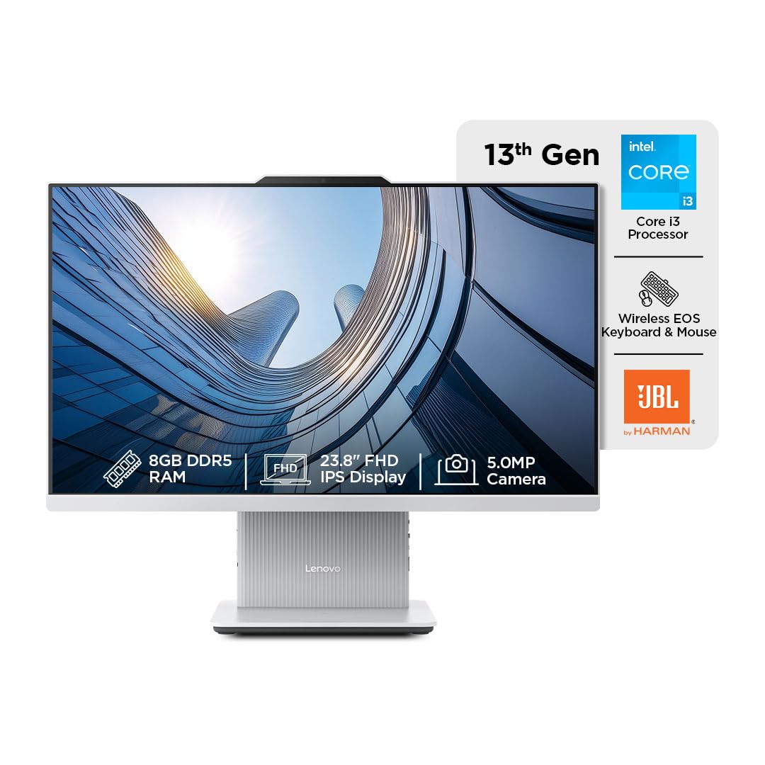 Lenovo IdeaCentre AIO 13th Gen Core i3-1315U 24" FHD IPS (8GB RAM/512GB SSD/Windows11/Office 21/3Wx2 Harman Speakers/Alexa Built-in/Wireless EOS Keyboard & Mouse, Grey), F0HN00FWIN All-in-One Desktop