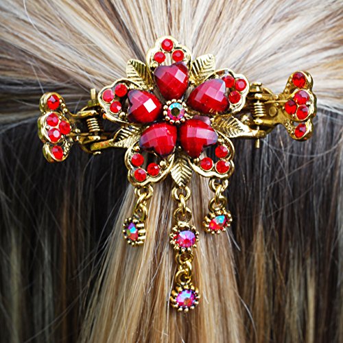 Flower Hair Clip Flower Hairclip Rhinestone Hair Claw Clip Crystal Hair Clip Claw Wedding Hair Clip Diamante Hair Clip Flower Hair Grip Vintage Hair Accessory Gold Hair Clip Hair Jewellery Bridesmaid Hair Jewelry Girls Hair Clip (Red)