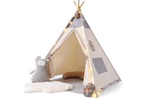 PLEKER Tipi Enfant avec Tapis, Lumières, Tente Enfant 100% Coton, Tente Tipi Enfant Intérieure et Extérieure, Tipi Fille Garçon Gris et Beige