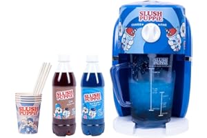 Fizz Creations Slush Puppie Machine Bundle. Includes Blue Raspberry Syrup 500ml, Cola Syrup 500ml & 4 Paper Cups and Straws. Offically Licenced Slush Puppie Merchandise.
