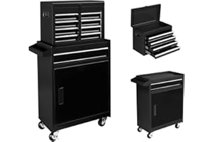 Karl home 5-Drawer Rolling Tool Chest, 2-in-1 Toolbox w/Detachable Top Cabinet, Lockable Wheels, Hooks, Mechanic Tool Organizer Box for Garage, Workshop, Warehouse & Repair Shop, Black