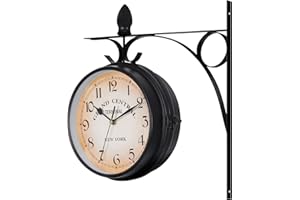 ‎KAYESAMPRA KayEsampra Bahnhofsuhr doppelseitig,Vintage Bahnhofsuhr Doppelseitig Wanduhr, Wasserfest Outdoor Garten Uhr, Bahnhof mit Halterung, Retro Eisen, 29cm, Groß Uhr für Drinnen und Draußen, Schwarz