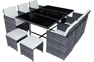 Panana Rattan Garden Furniture Set 10 Seater Dining Table and Padded Chairs Stool Outdoor Patio and Conservatory Mixed Grey