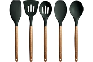 Miusco Utensili da Cucina in Silicone Antiaderenti, 5 Pezzi, Set di Utensili da Cucina con Manico in Legno Duro di Acacia Naturale, Cucchiaio da Cucina, Verde, Senza BPA, per Cottura e Portata