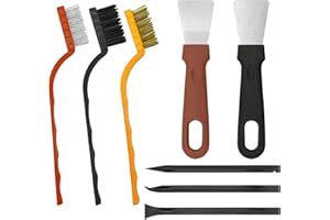 Omsscun 8Pcs Small Wire Brush, 3 Wire Brushes For Cleaning with 2 Oven Scraper and 3 Carbon Fiber Plastic Scraper Tool, Wire Brush Set, Brass Brush for Cleaning Metal Rust, Weld, Slag, Paint, Stain