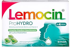‎LEMOCIN Lemocin ProHYDRO Lutschtabletten mit Limette-Menthol-Geschmack für Hals und Rachen - für Erwachsene und Kinder ab 4 Jahren - mit Vitamin C, Biotin und Eibischwurzelextrakt - 1 x 20 Stück