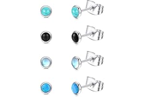 JeweBella 4 Paires Acier Chirurgical Petites Boucles d'Oreilles Argent Pour Femme Fille Enfant Boucles d'Oreilles En Pierre De Lune Opale Turquoise Hypoallergénique Rond Gemme Bijoux Cadeau 4MM/6MM