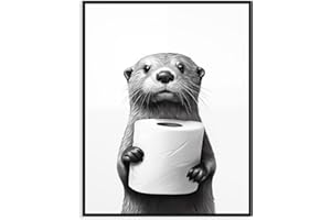 Dazzlewall Lustiges Badezimmer WandBild, Niedlicher Otter mit Toiletten Bild, Schwarz Weiß Tierbild für Badezimmer Toiletten Deko 12x16 Zoll Ungerahmt