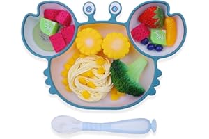 Dsaren Platos de Silicona para Bebe Ventosa Vajilla Platos Antideslizante con Cucharas para Lavavajillas Microondas Silla alta (Azul)