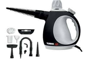 Tower T134000PL THS10 Corded Handheld Steam Cleaner with 9 Accessories, 1050W, Platinum