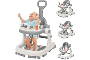 Siairo 3 in 1 Girello Neonato, Baby Walker per Bambini con ruote, luce, musica, centro giochi, Altezza Regolabili, Carrellino per Bimbi 6-18 Mesi (Grigio)