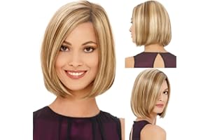 DAJASD Krótka peruka bob, prosta krótka, urocza peruka bob z ciemnym dekoltem, peruka blond damska, krótki bob, blond, rozjaśniacz, syntetyczne peruki na co dzień, na imprezę, cosplay (złotobrązowa)