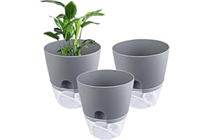 Relota 3 Piezas Macetas con Riego Automático Gris 15.3cm Ancho, Macetas con Sistema Autorriego con Indicador Nivel Agua, Maceta Almacenamiento de Agua Hierbas Autorriego para Interiores Oficinas