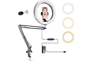 CUNSIEUN Ring Light avec Trépied Professionnel Selfie 10" Anneau Lumineux,Selfie Light 3 Couleurs de lumière et 10 Niveaux de luminosité Flexible pour la vidéo, la beauté, Le Streaming en Direct,Tiktok.
