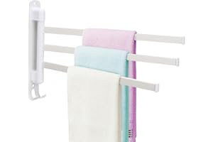 BestAlice Porte-serviettes pivotant à 3 bras en acier inoxydable pour salle de bain, porte-serviettes mural peu encombrant avec crochet, rotation à 180 degrés (blanc)