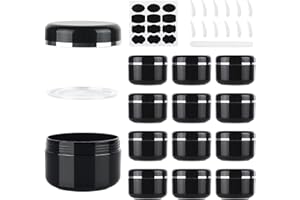 MirraSwit 12 Stück Döschen Schwarz Leer Tiegel 100ml, Cremedosen zum Befüllen, Wiederverwendbar Kunststoff Stichprobe Behälter Tiegel, mit Spatel, Stift und Etikett für Öle Lotion Creme Masken