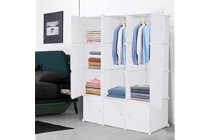TactFire Armoire Penderie Modulable, 12 Cubes, Armoire Chambre, Étagère de Rangement avec Portes, pour Le Stockage de vêtements, Jouets, etc. 105 x 45 x 140 cm, Blanc