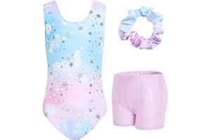 JiAmy Gymnastics Leotards for Girls with Shorts Set, 3Pcs Kids Gymnastics Athletic Outfit, Sleeveless Ballet Dancewear for Kids 3-12 Years
