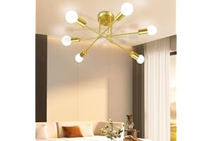 CANMEIJIA Modern Sputnik Chandelier, Ceiling Light Fixture Semi Flush Mount 6-Lights Gold Chandeliers for Dining Room Farmhouse Kitchen, Mid Century Pendant E27 Base, Bulbs Not Included