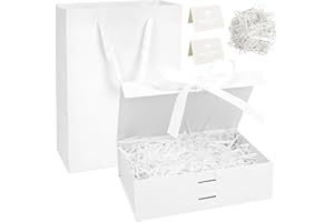 Realjoy Scatola Regalo con Coperchio,Confezione Regalo 23 x 17 x 7cm,Scatole Regalo con Fiocco,Biglietto di Auguri e Rafia,Pacco Regalo per Compleanni,Matrimoni,San Valentino,Natale（Bianco）