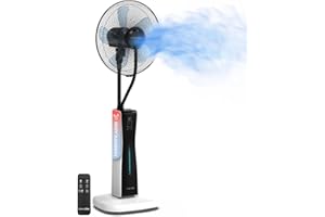 UNIVERSALBLUE Ventilador Humidificador Potente | Ventilador Nebulizador de Agua | Con Ruedas | Mando a Distancia | 3 Velocidades | Silencioso | Temporizador 12h | 5 Aspas | Blanco y Negro