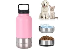 BOSTEU 3-in-1 Dog Water Bottle 32oz, Stainless Steel Insulated Puppy Water Bottle with Detachable Food Bowl and Water Bowl, Dog Food Travel Container (pink, 32oz)