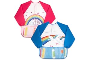 fanksoow 2Pcs Kids Aprons for Painting Toddlers Artist Waterproof Smocks with 3 Pockets,Age 2-7 Years