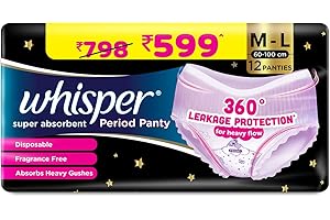 Whisper Super Absorbent Women Period Panty, 12 M-L Pants, 360 Degree Leakage Protection For Heavy Flow, Panty Like Fit For Full Back Coverage, Absorbs Heavy Gushes, Silky Soft, Comfortable Feel