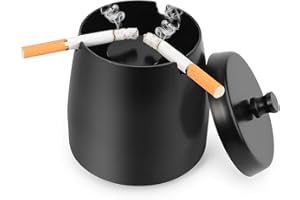 NOBRANDED Cenicero con Tapa, Cenicero a Prueba de Viento, Negro Cenicero del Acero Inoxidable, Mesa Cenicero con la Base Antideslizante y Soporte de Ceniza, para la decoración del hogar y Oficina