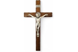 La Balestra - Crocifisso da parete di San Benedetto in legno naturale, Cristo placcato argento 999, prodotto in Umbria in Italia (35,5 x 16,5 x 3,5 cm)