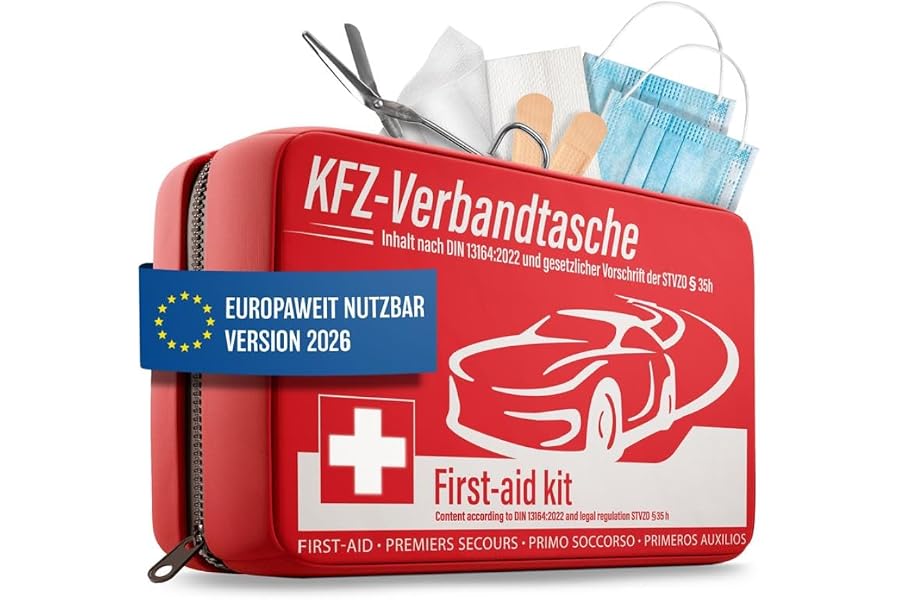 HELDENWERK KFZ Verbandstasche nach aktueller Norm 2026 - Europaweit Nutzbar - Erste Hilfe Set Auto Verbandskasten DIN 13164:2