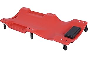 WilTec Chariot de Visite Mécanicien 101,5 x 47,5 x 11,6 cm Rouge 180 kg Appui-tête et Range-Outils Planche à roulettes pivotantes Siège d’Atelier Coulissant Ergonomique Garage Auto